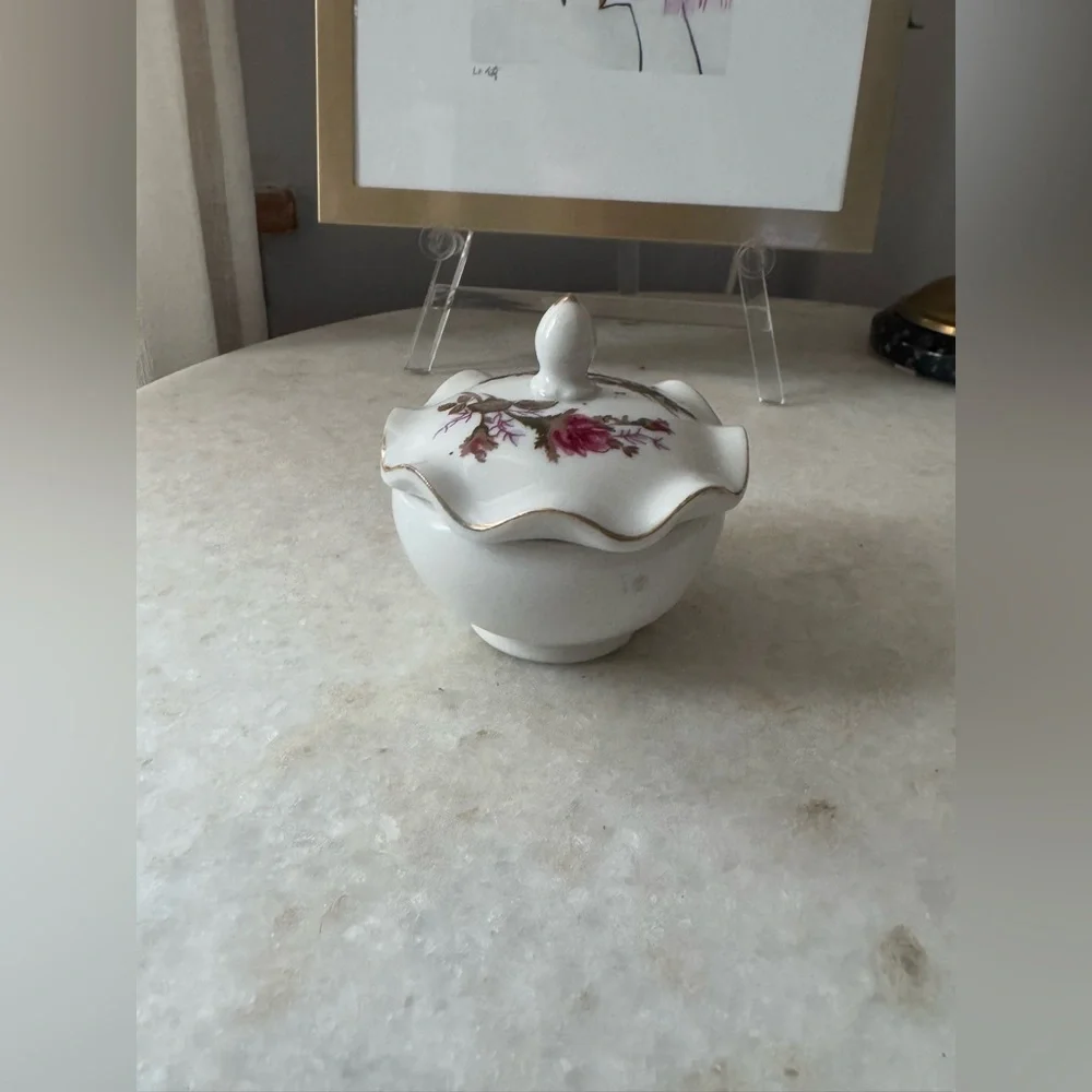 vintage porcelain vanity mirror and jar set